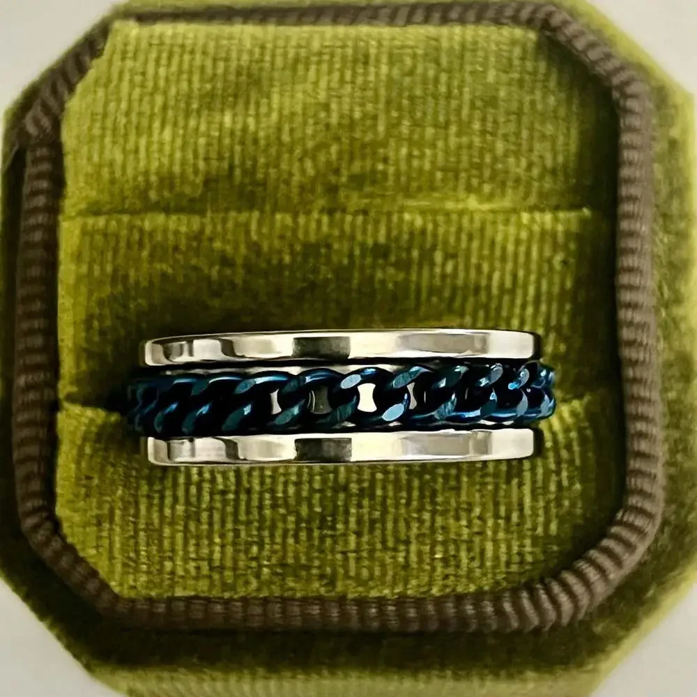 Stainless Steel Two Tone IP Blue Chain-Link Spinner Ring